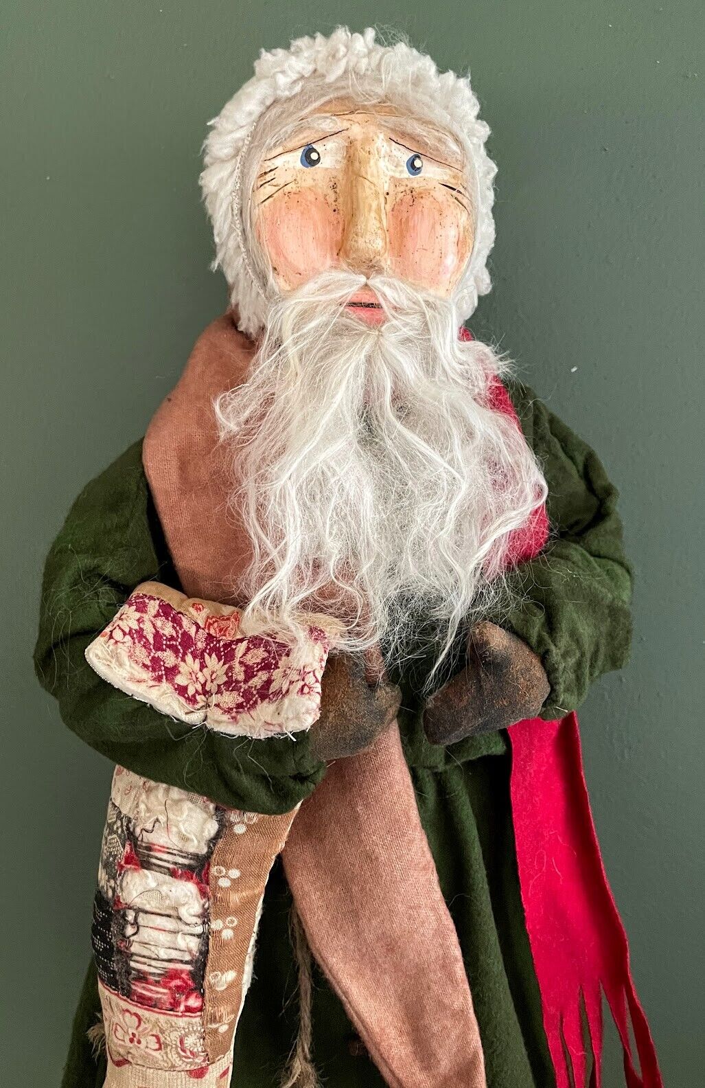 Primitive Early American Hand Sculpted Clay Face Santa w/ Quilted Stocking 19&quot; - The Primitive Pineapple Collection