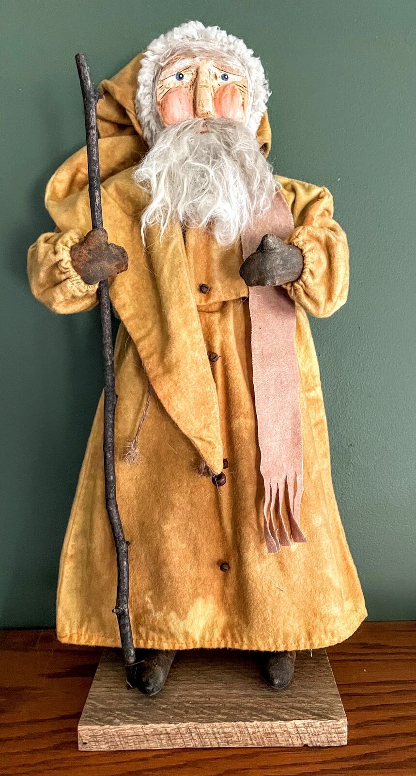 Primitive Early American Hand Sculpted Clay Face Santa w/Walking Stick 19&quot; - The Primitive Pineapple Collection