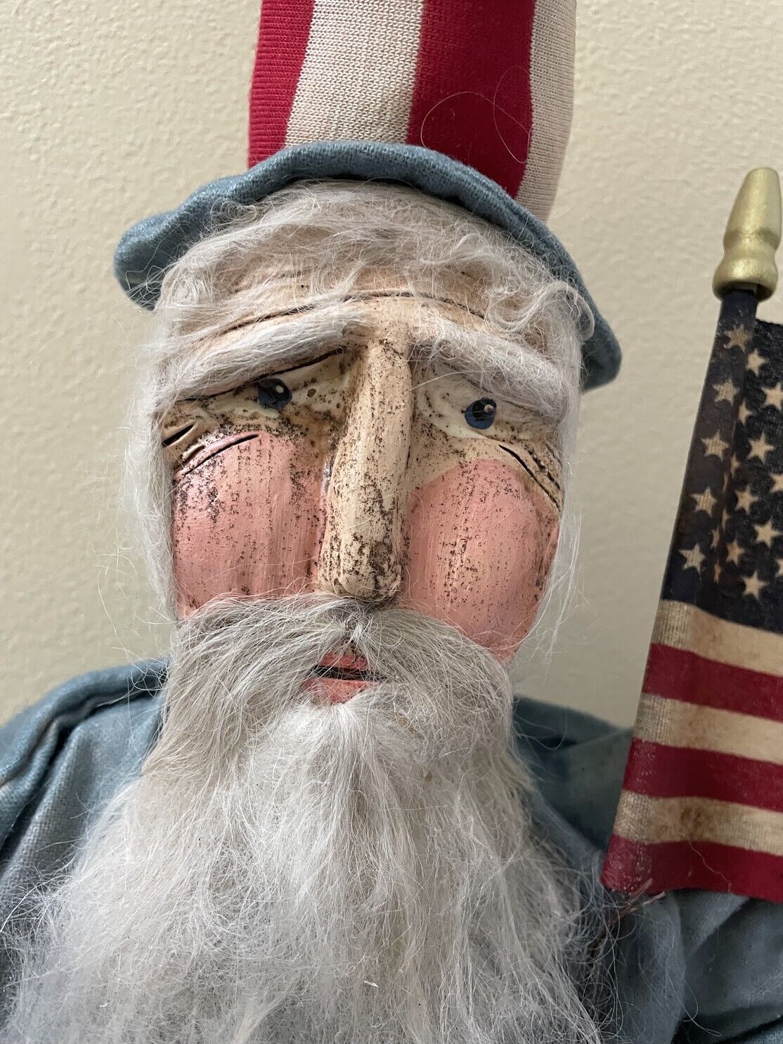 Primitive Early American Hand Sculpted Clay Face Chubby Uncle Sam Santa 21&quot; - The Primitive Pineapple Collection