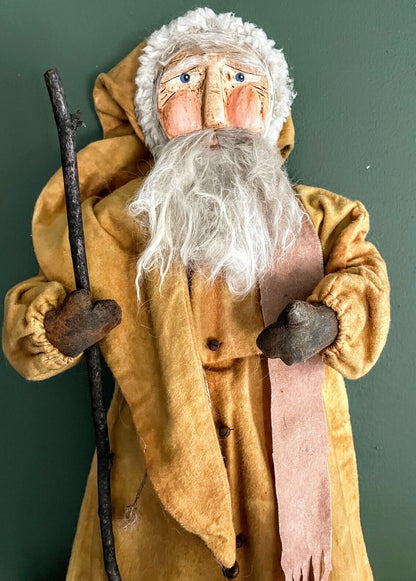 Primitive Early American Hand Sculpted Clay Face Santa w/Walking Stick 19&quot; - The Primitive Pineapple Collection