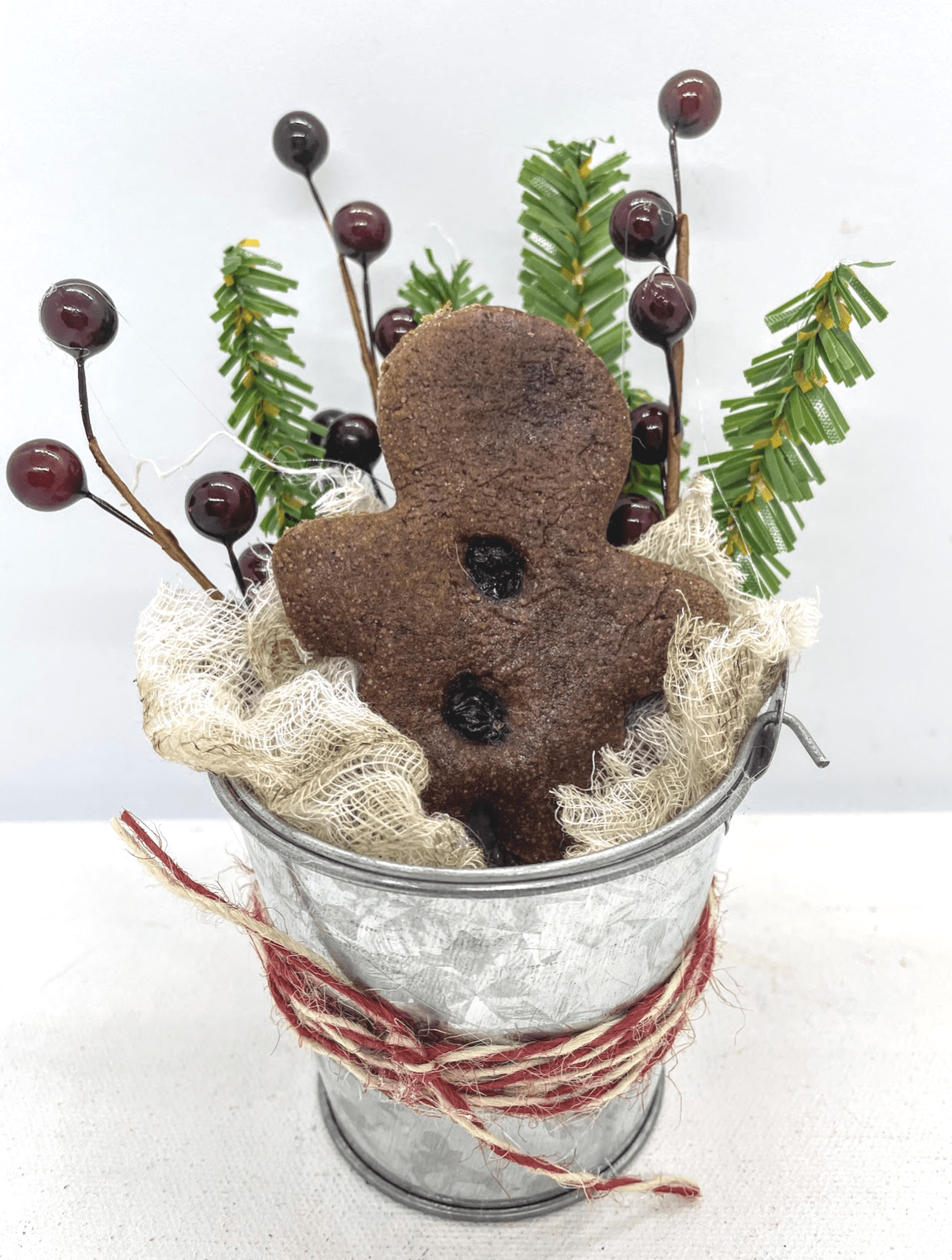Primitive Christmas Gingerbread filled Tin Pail Berries/ Holiday Greens - The Primitive Pineapple Collection