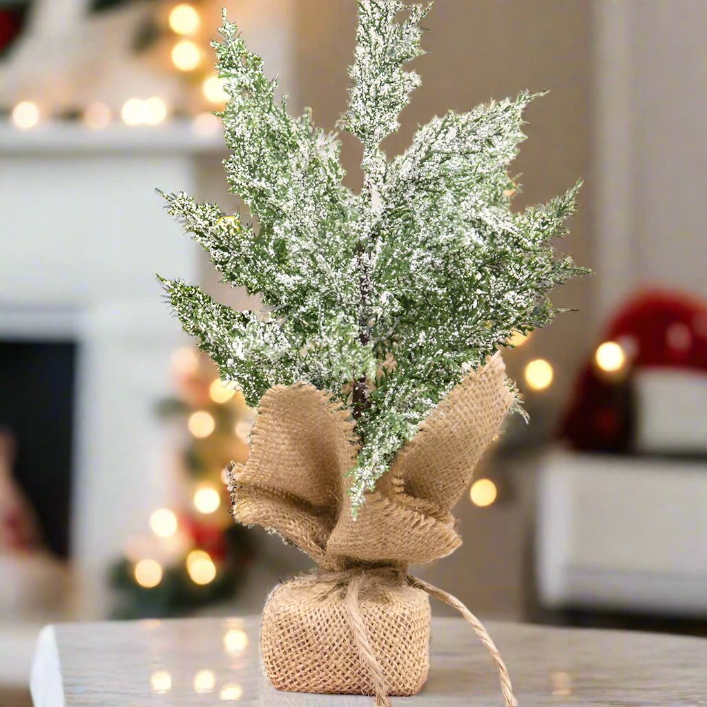 Primitive Christmas Snowy Mini Cedar Tree W/ Burlap Base, 11.5&quot; - The Primitive Pineapple Collection