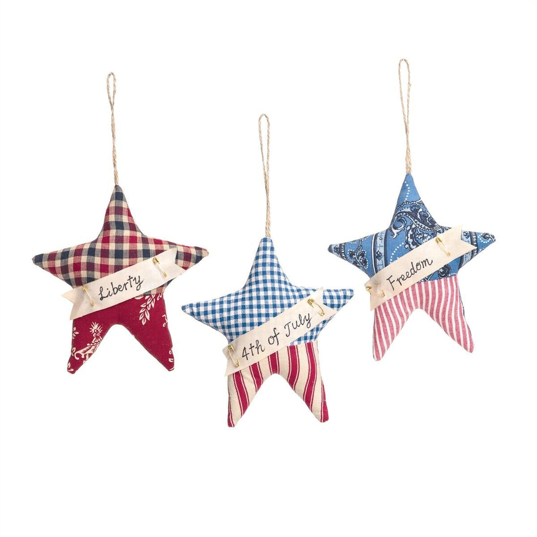 Primitive Americana 3 PC Rustic Farmhouse Fabric Hanging Star Ornies 6" - The Primitive Pineapple Collection