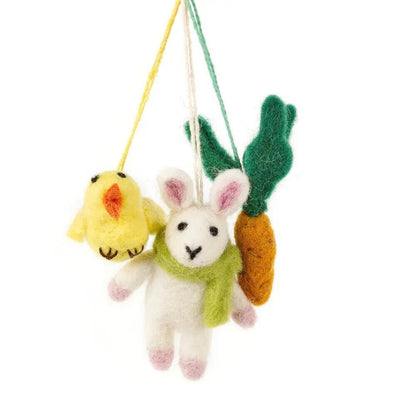 Primitive Folk Art Handmade Felted Wool Bunny w/ Carrot, Chick 3pc Set Ornament - The Primitive Pineapple Collection