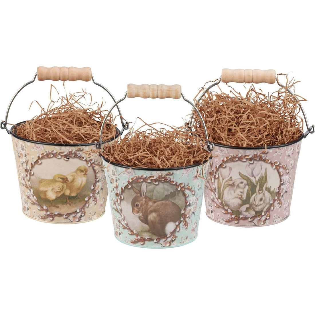 Primitive Vintage Look 3pc Easter Spring Bunny and Chick Pail Set - The Primitive Pineapple Collection