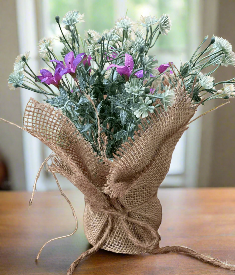 Primitive Farmhouse Spring Pin Cushion Floral Display Burlap Wrapped 8&quot; - The Primitive Pineapple Collection