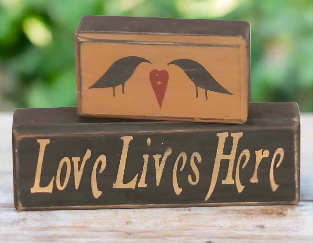 Primitive Country Love Lives Here Crow 2 pc Wood Block Shelf Sitter - The Primitive Pineapple Collection