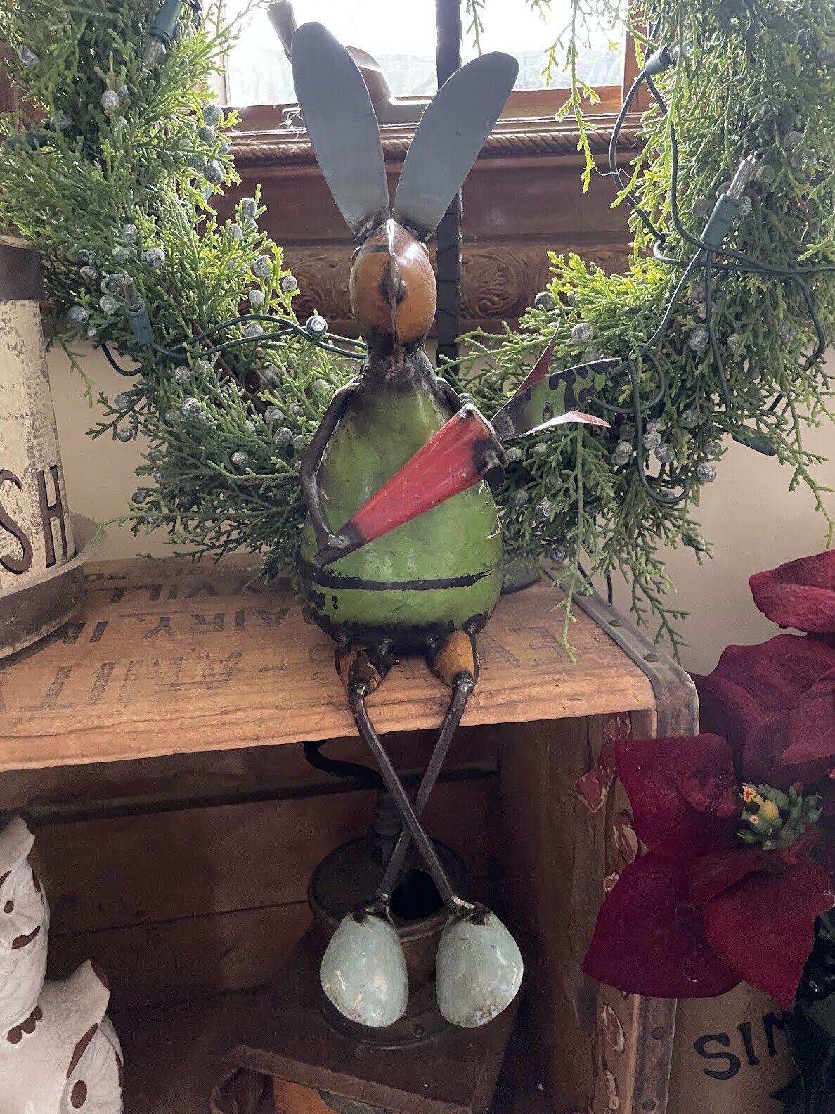 Primitive Farmhouse Recycled Metal Sitting Rabbit w/ Carrot 13&quot; - The Primitive Pineapple Collection