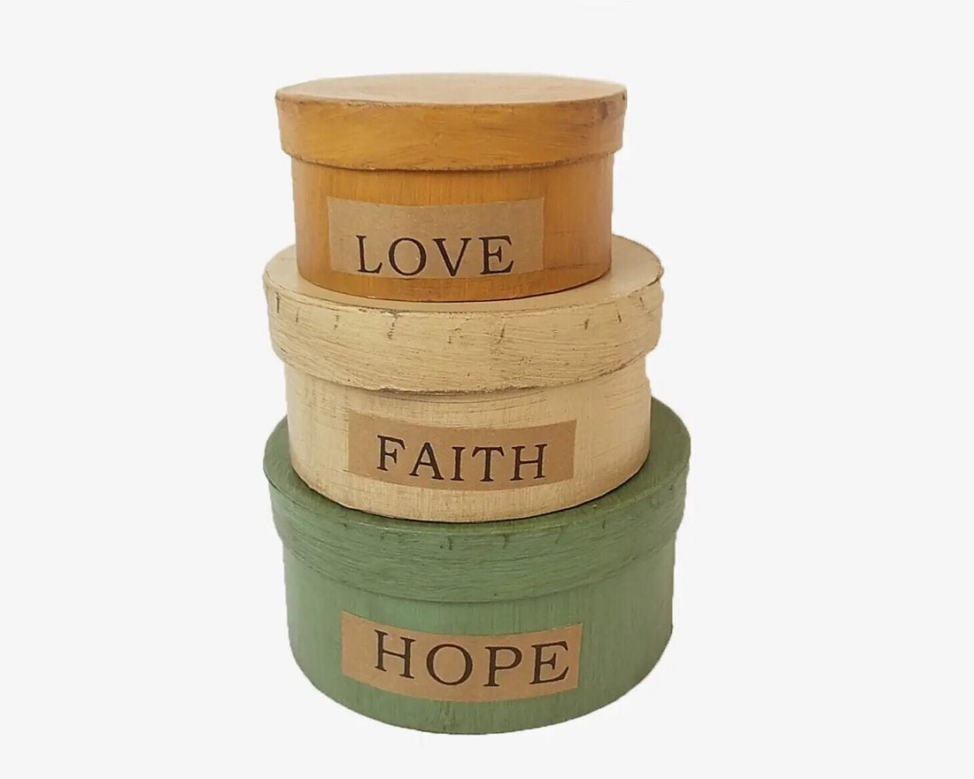 Primitive Farmhouse 3 pc Rustic Love Faith Hope Stacking Boxes Folk Art - The Primitive Pineapple Collection