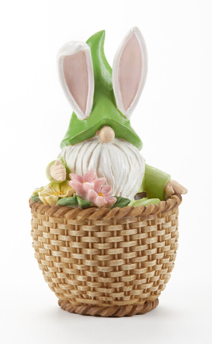 Farmhouse Country Spring Easter 6.3&quot; Bunny Gnome in Flower Basket Figurine - The Primitive Pineapple Collection