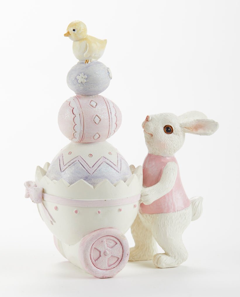 Farmhouse Country Spring Pastel Bunnies w/ Easter Egg Cart Figurine - The Primitive Pineapple Collection