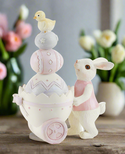 Farmhouse Country Spring Pastel Bunnies w/ Easter Egg Cart Figurine - The Primitive Pineapple Collection