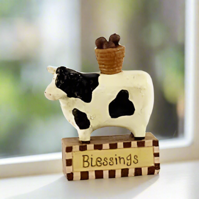 Primitive Farmhouse &quot; Blessings&quot; Cow and Apple Basket Block Shelf Sitter - The Primitive Pineapple Collection