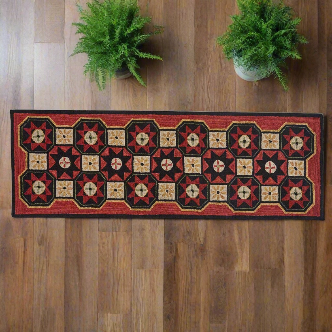 Primitive Country Folk Star Hooked Rug Runner 2&