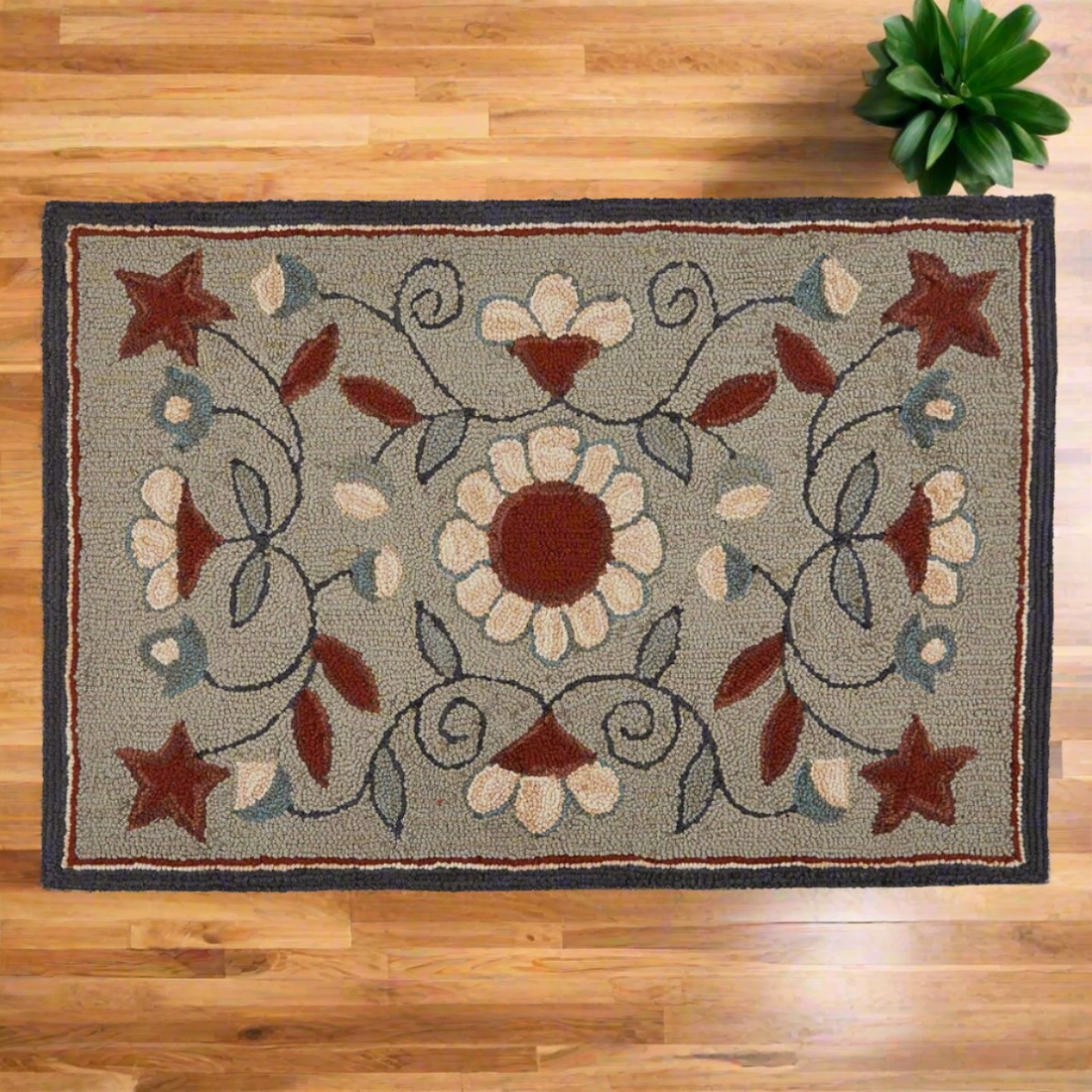 Primitive Farmhouse Hooked Folk Art Gray Floral Accent Rug " X 36" - The Primitive Pineapple Collection