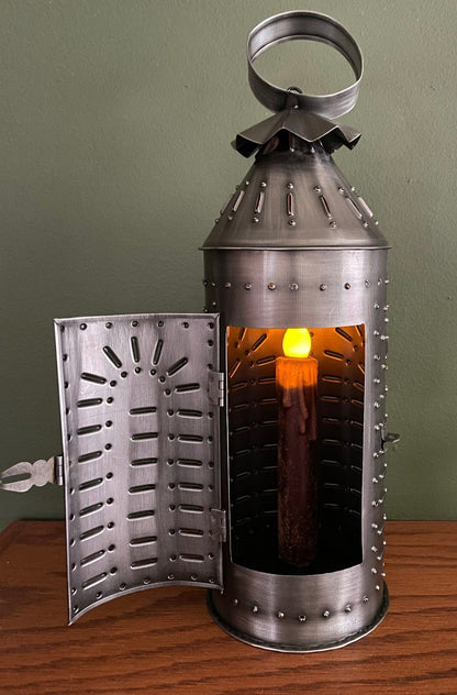 Primitive Early American 13.5 Punched Tin Candle Lantern w/ 7&quot; Timer Candle - The Primitive Pineapple Collection