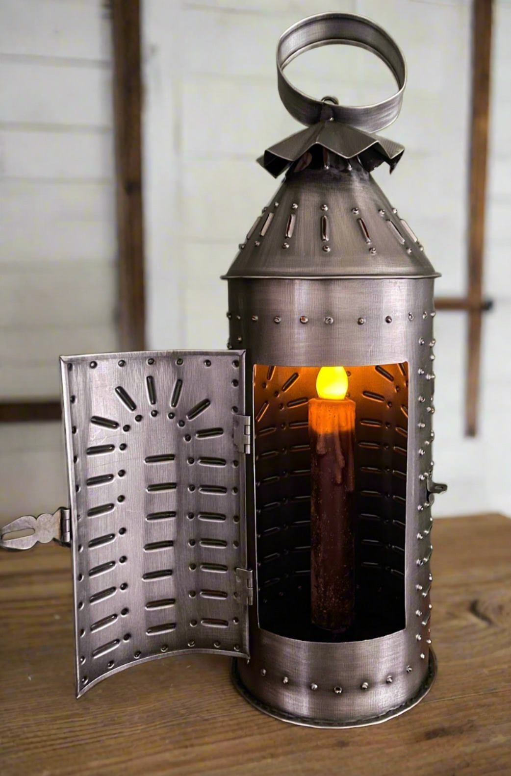 Primitive Early American 13.5 Punched Tin Candle Lantern w/ 7&quot; Timer Candle - The Primitive Pineapple Collection