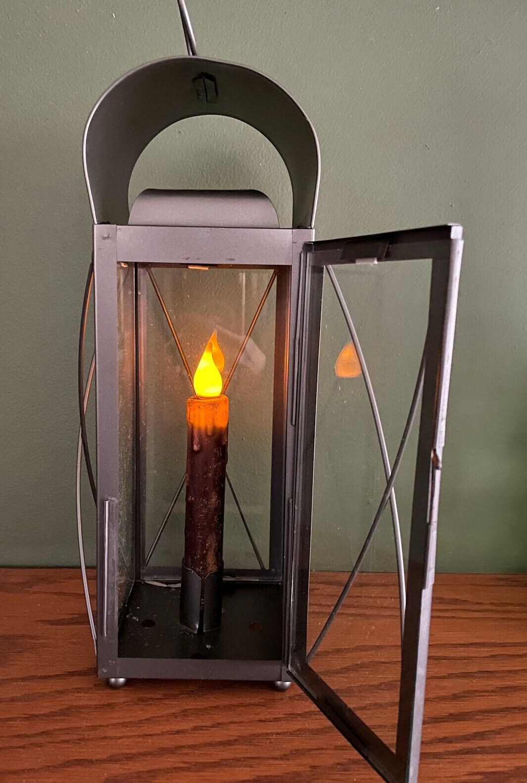 Primitive Early American 15&quot; Antique Finish Tin Lantern w/ 7&quot; Timer Candle - The Primitive Pineapple Collection