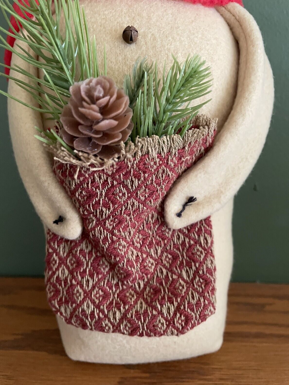 Primitive Farmhouse Felt Stump Snowman Doll Fabric Pocket Greens - The Primitive Pineapple Collection
