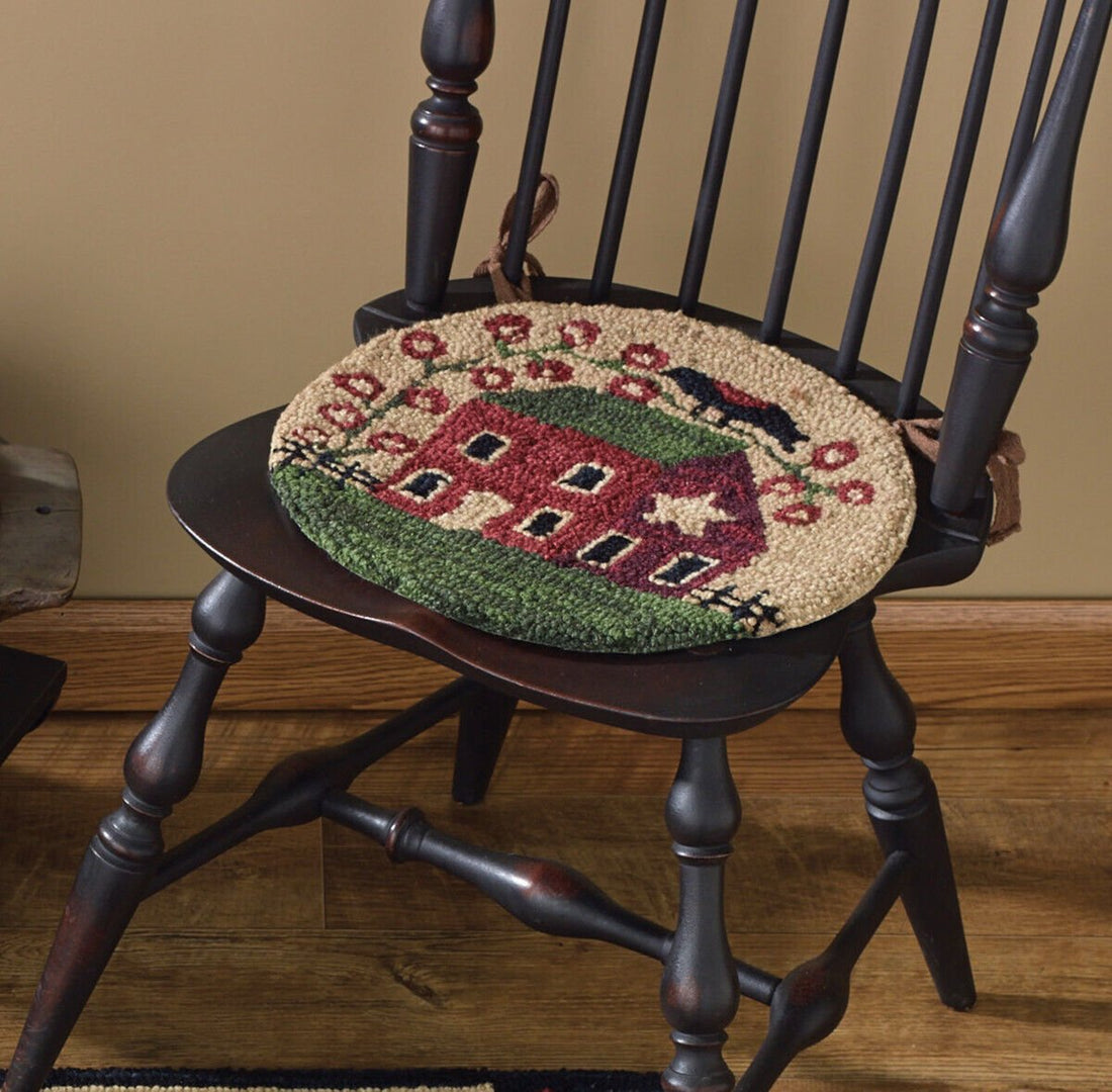 Primitive Farmhouse Red Saltbox House Crow Folk Art Hooked Chair Pad 14.5" - The Primitive Pineapple Collection