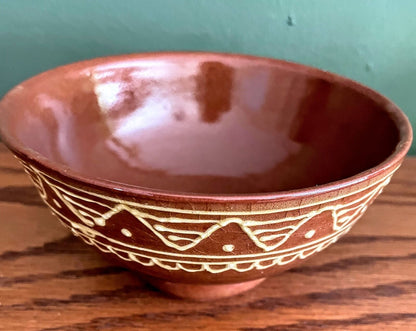 Handmade Primitive Redware Pottery Bowl with Slipware Band Design 5&quot; Signed - The Primitive Pineapple Collection