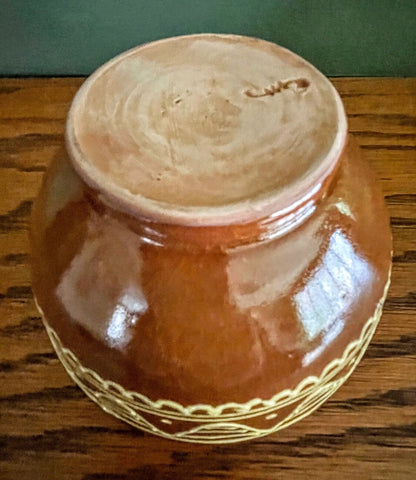 Handmade Primitive Redware Pottery Bowl with Slipware Band Design 5&quot; Signed - The Primitive Pineapple Collection