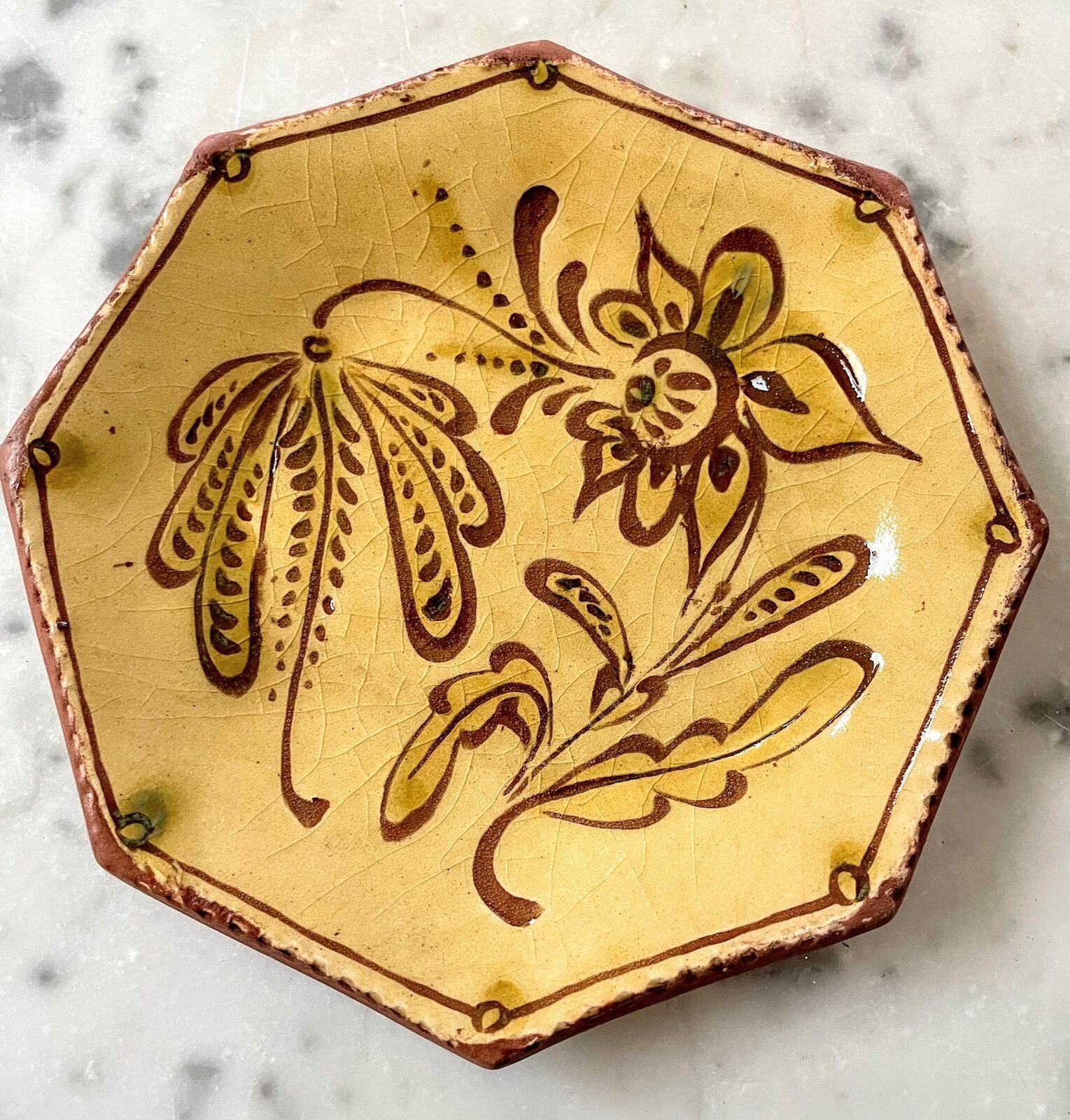 Handmade Primitive Redware Pottery Octagon Plate Sprig 5&quot; Sgraffito &quot; Signed - The Primitive Pineapple Collection