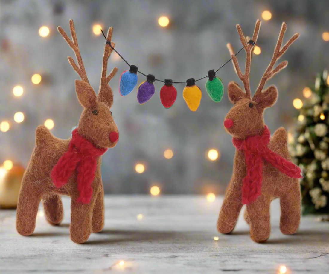 Primitive Country Handcrafted Felt Reindeer Couple with Christmas Light String - The Primitive Pineapple Collection