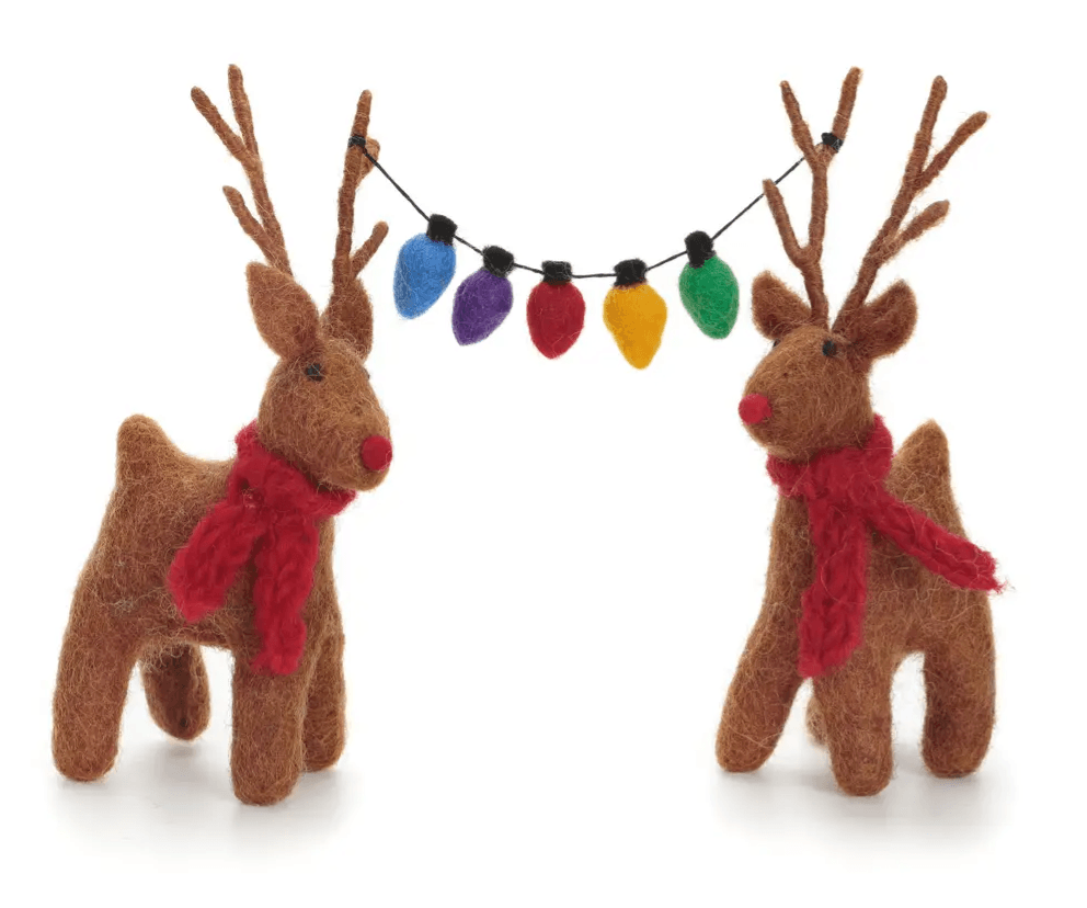 Primitive Country Handcrafted Felt Reindeer Couple with Christmas Light String - The Primitive Pineapple Collection