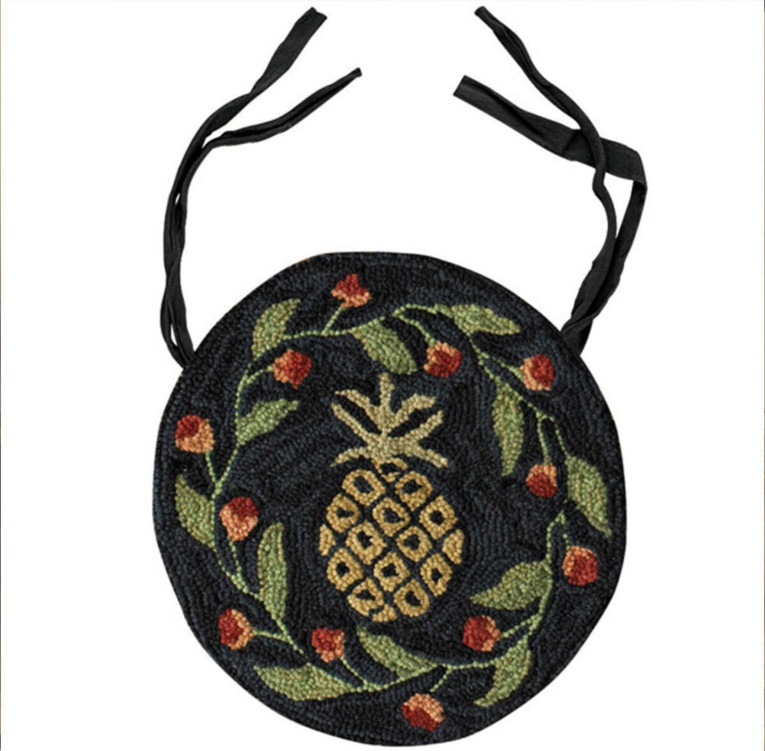 Primitive Farmhouse Pineapple Folk Art Hooked Chair Pad 14.5" - The Primitive Pineapple Collection