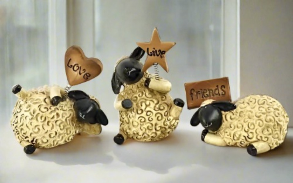 Primitive Farmhouse Folk Art 3 pc Dancing Sheep Love, Live, Friends Figurines - The Primitive Pineapple Collection