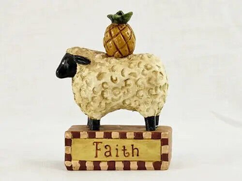 Primitive Farmhouse " Faith" Sheep with Pineapple Block Shelf Sitter Welcome - The Primitive Pineapple Collection