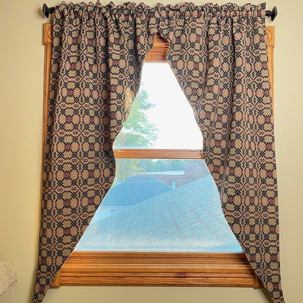 Primitive Patriots Knot Weave Cranberry,Black, Tan 63 x 72 &quot; Long Swag Curtain - The Primitive Pineapple Collection