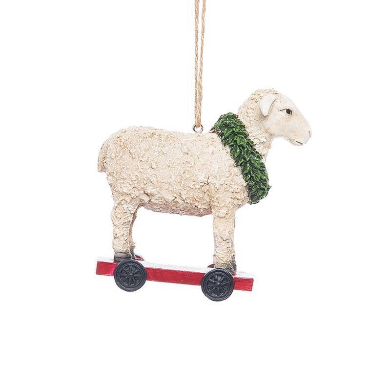 Primitive Farmhouse Lamb Pull Toy Ornament 3.5&quot; Reproduction - The Primitive Pineapple Collection