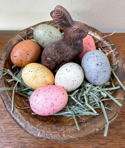 Primitive Spring Faux Chocolate Easter Bunny, Eggs, Wood Bowl Prim Grass Set - The Primitive Pineapple Collection