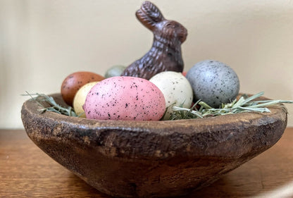 Primitive Spring Faux Chocolate Easter Bunny, Eggs, Wood Bowl Prim Grass Set - The Primitive Pineapple Collection