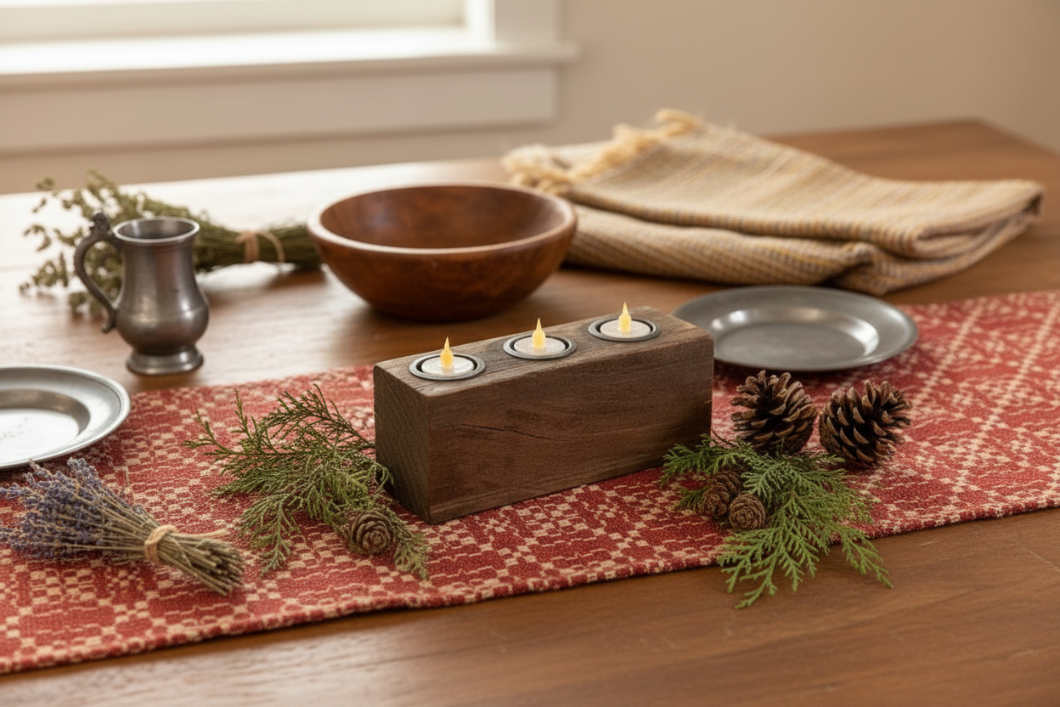 Primitive Farmhouse Reclaimed Wood Triple Tealight Holder Reproduction - The Primitive Pineapple Collection