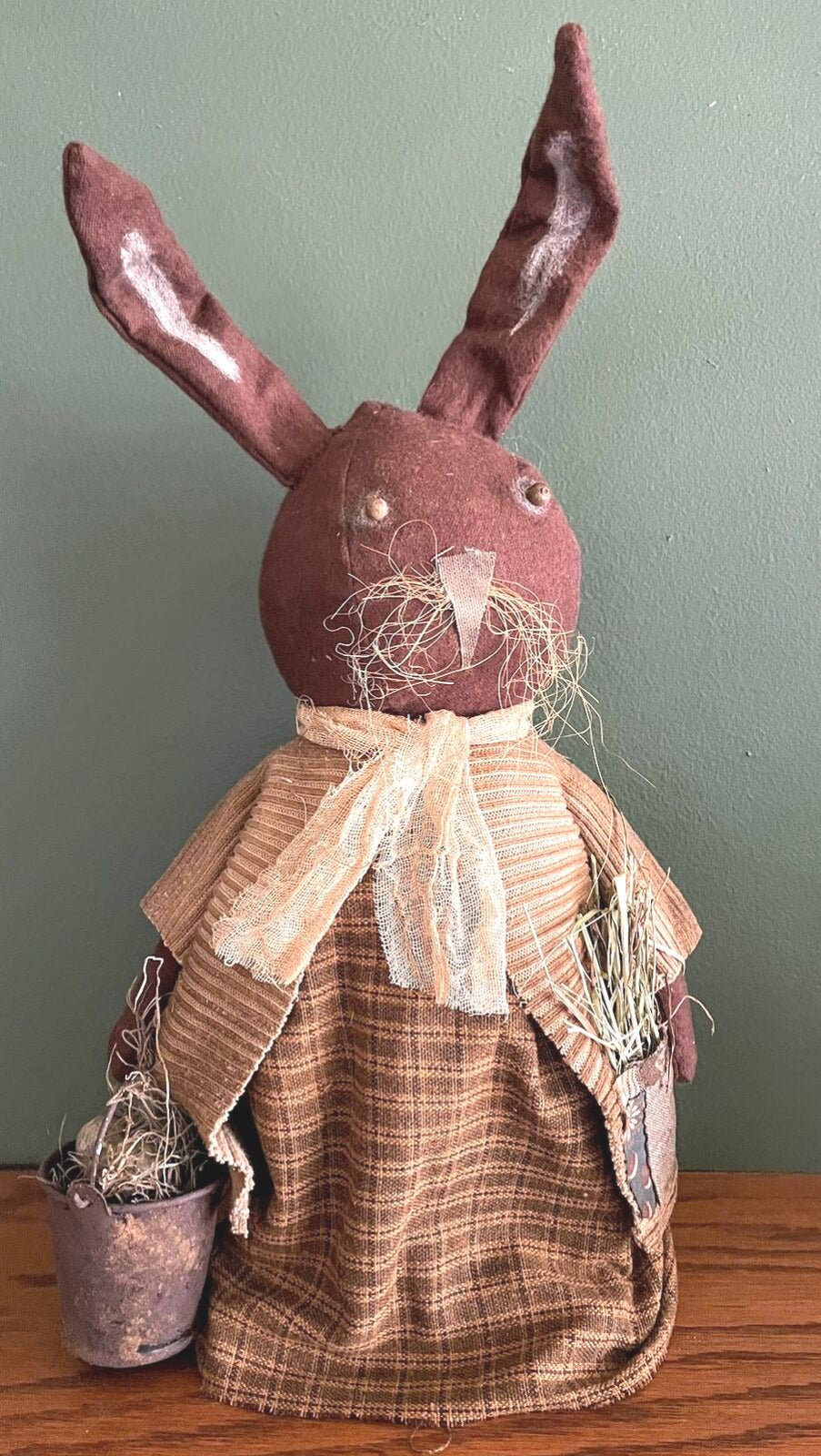 Primitive Farmhouse 16&quot; Handcrafted Easter Betsy Bunny w/ Egg Pail 16&quot; Stand - The Primitive Pineapple Collection