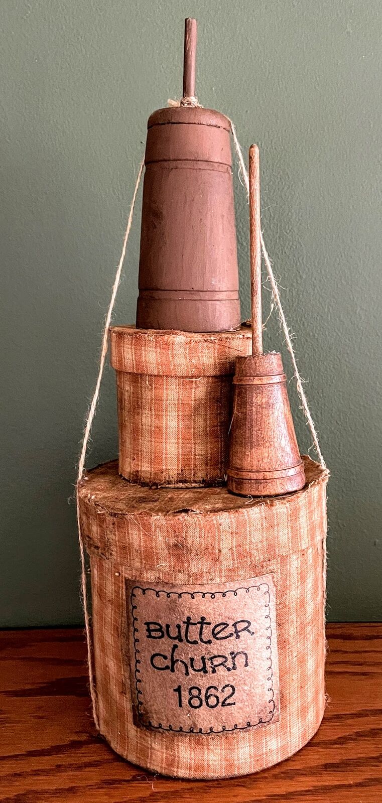 Primitive Farmhouse Butter Churn Stacked Fabric Boxes 14&quot; Handcrafted Colonial - The Primitive Pineapple Collection