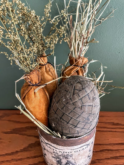 Primitive Farmhouse Easter Egg Grungy Can w/ Carrots Sweet Annie 9&quot; - The Primitive Pineapple Collection