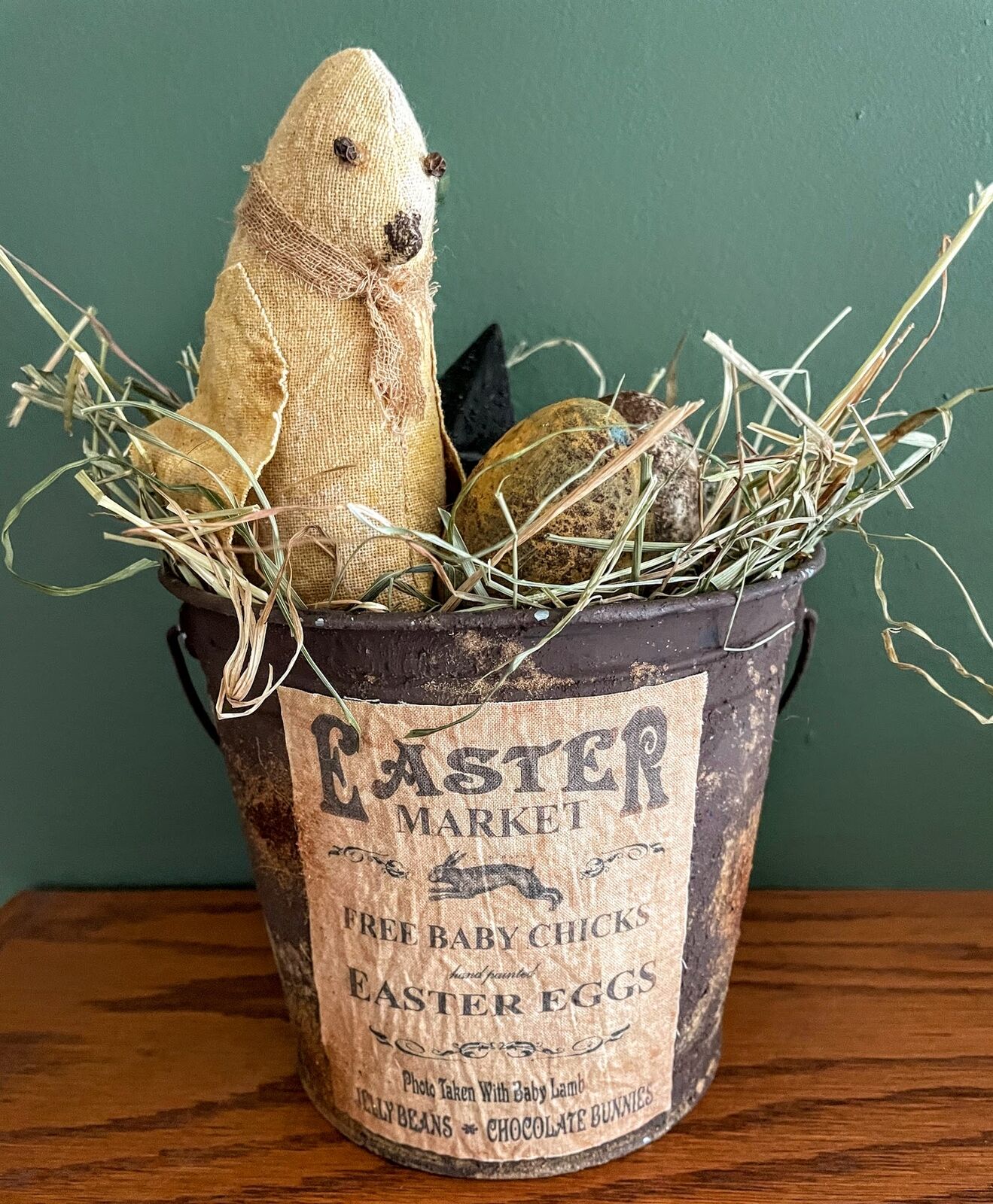 Primitive Farmhouse Grungy Easter Pail w/ Grass Chick Easter Eggs and Tin Star - The Primitive Pineapple Collection