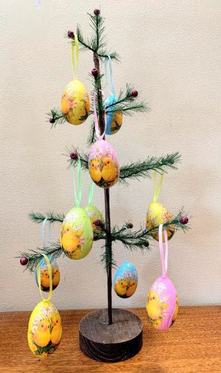 Retro Vintage Look Playful Chicks Easter Egg w/ribbon 12 pc Ornament Set - The Primitive Pineapple Collection