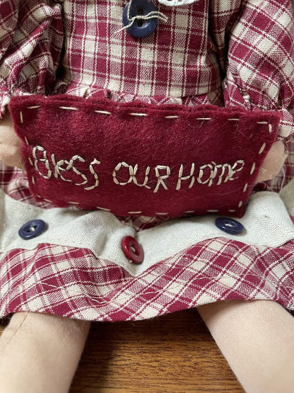 Primitive Farmhouse 12&quot; Red Plaid Angel Rag Doll w/ Bless Our Home Pillow - The Primitive Pineapple Collection