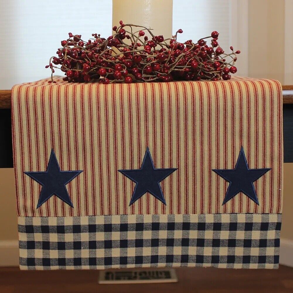 Primitive Colonial Farmhouse Liberty Stars and Stripes Table Runner 14x45&quot;Cotton - The Primitive Pineapple Collection