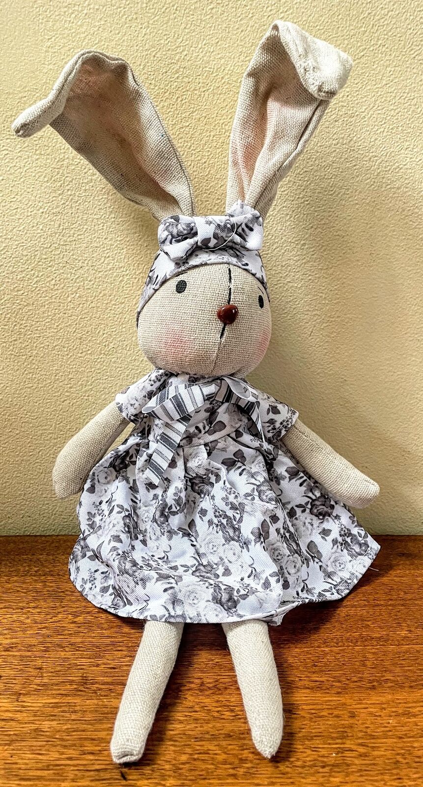 Spring Easter 14.5&quot; Farmhouse Bunny in Black and White Dress Doll Shelf Sitter - The Primitive Pineapple Collection