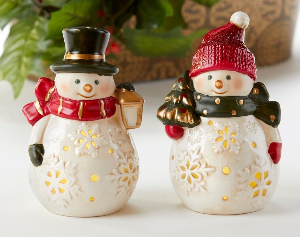Christmas / Holiday Light up 2 pc set 5&quot; LED Porcelain Snowman Figurines - The Primitive Pineapple Collection