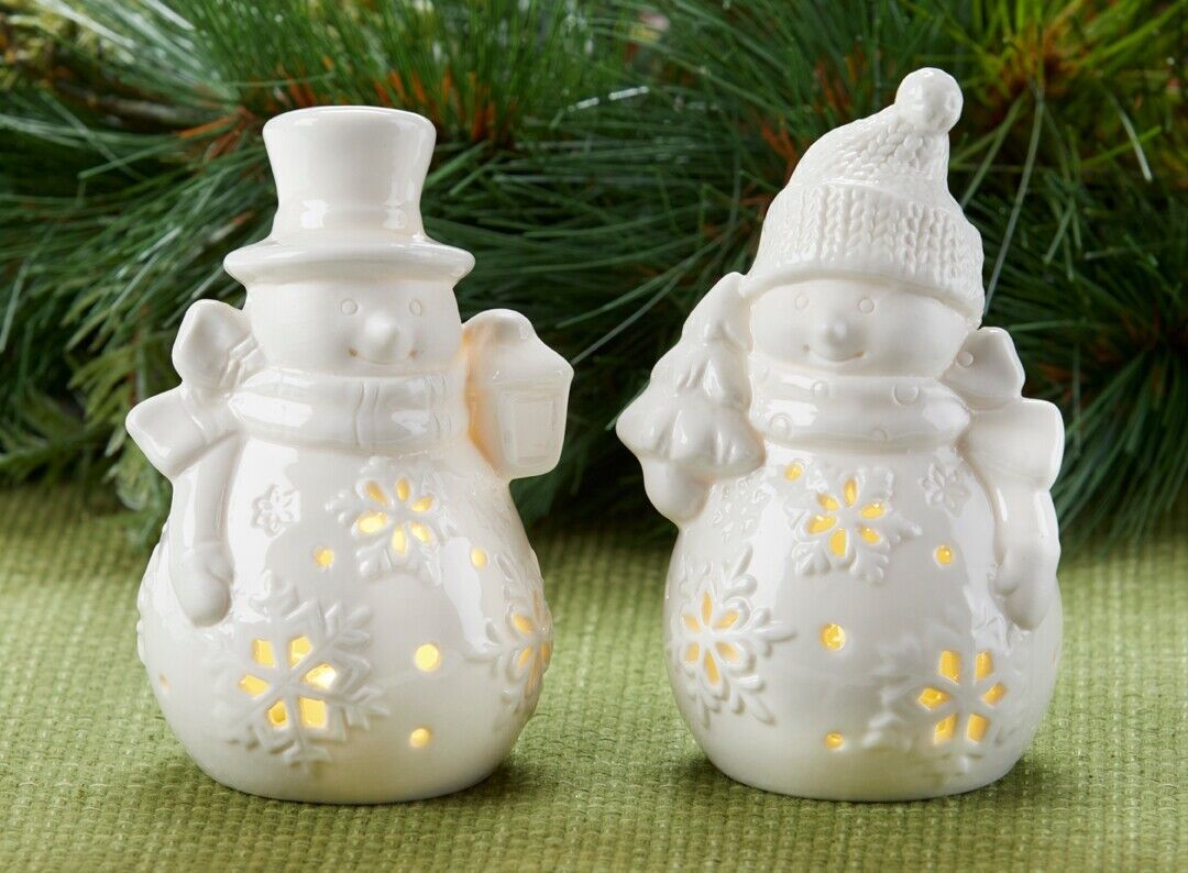 Christmas / Holiday Light up 2 pc set 5&quot; LED White Porcelain Snowman Figurines - The Primitive Pineapple Collection