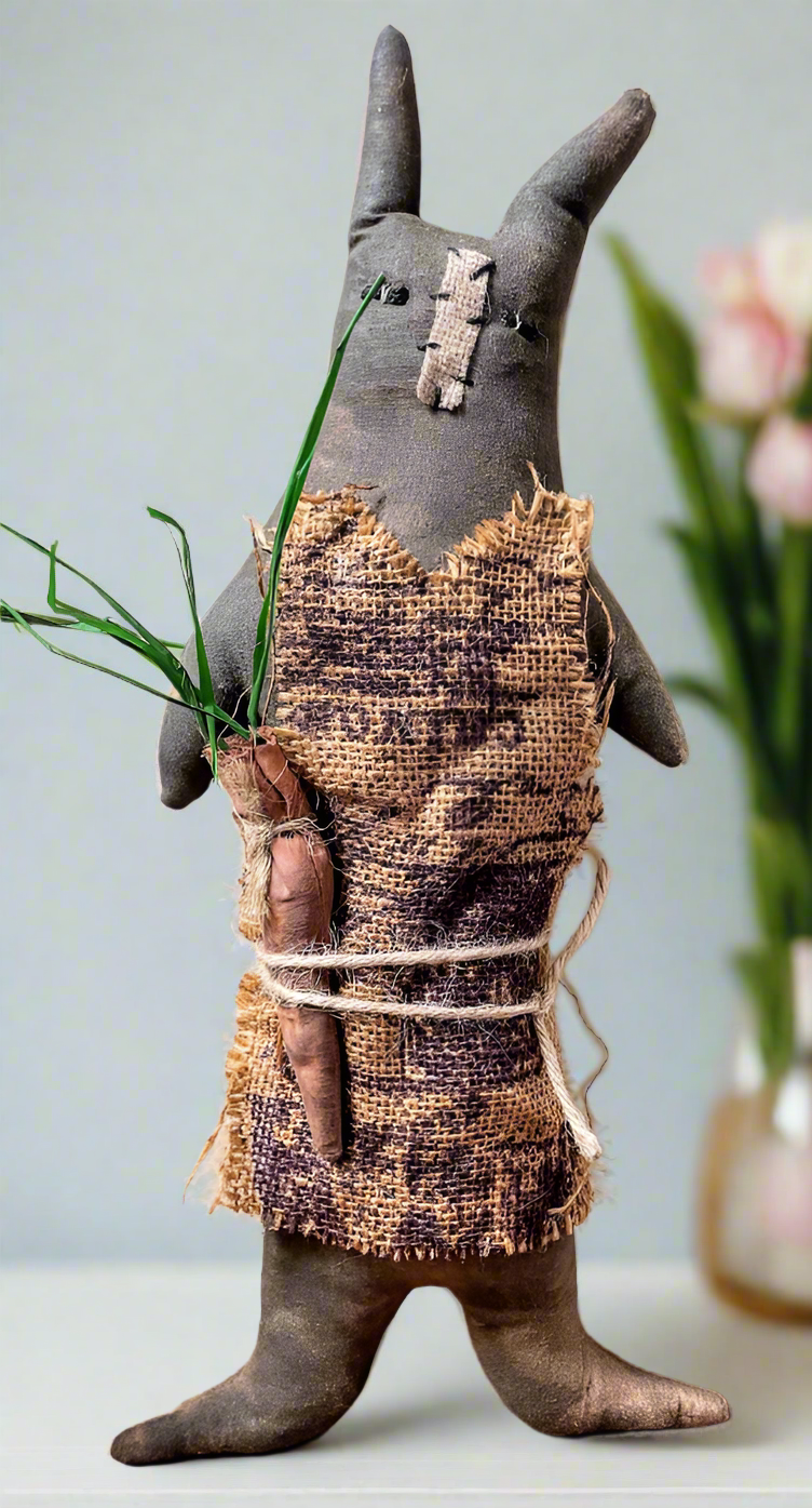 Primitive Easter Spring Flopsy Chocolate Bunny Doll 12" w/ Carrot Handcrafted - The Primitive Pineapple Collection