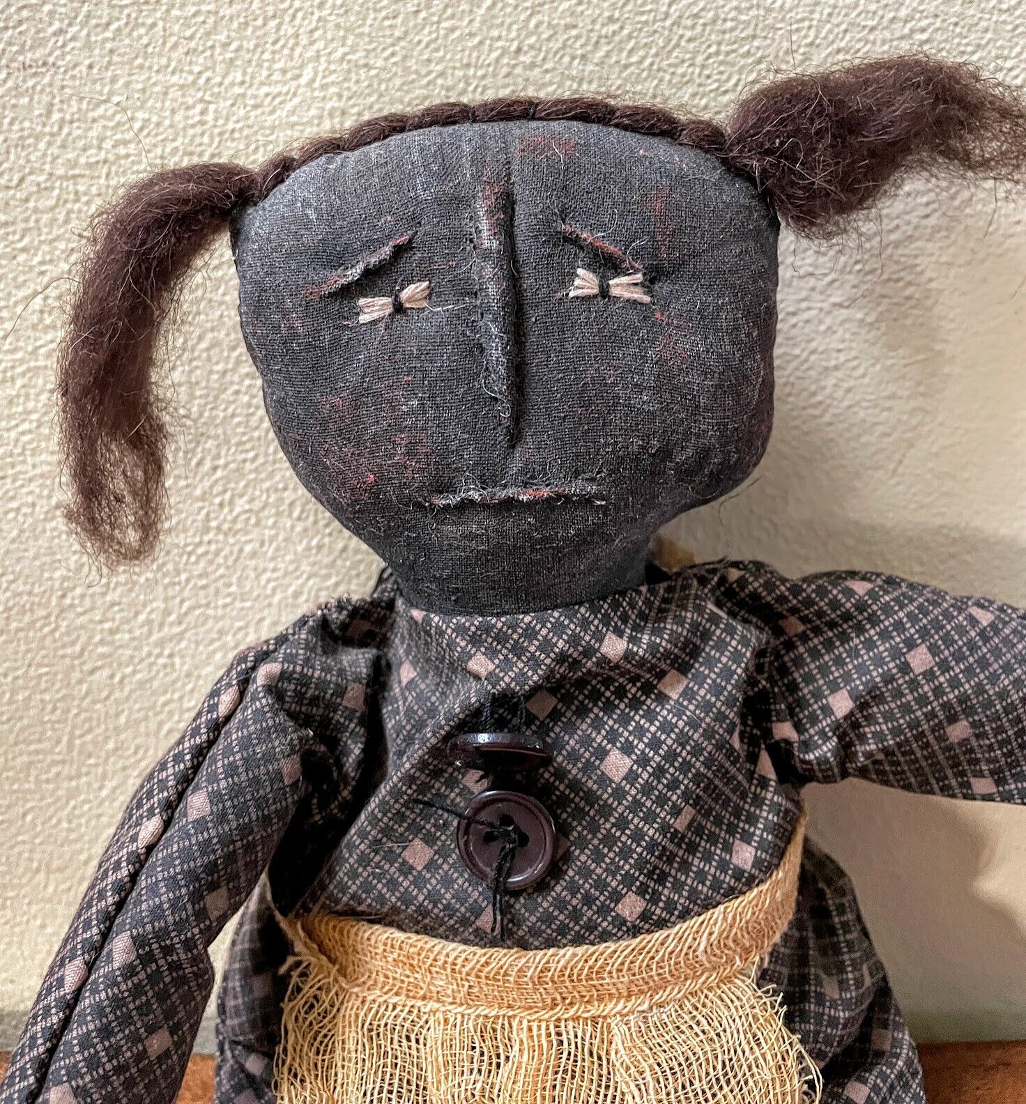 Primitive Farmhouse 13&quot; Martha Black Rag Doll Dress and Apron Handcrafted - The Primitive Pineapple Collection