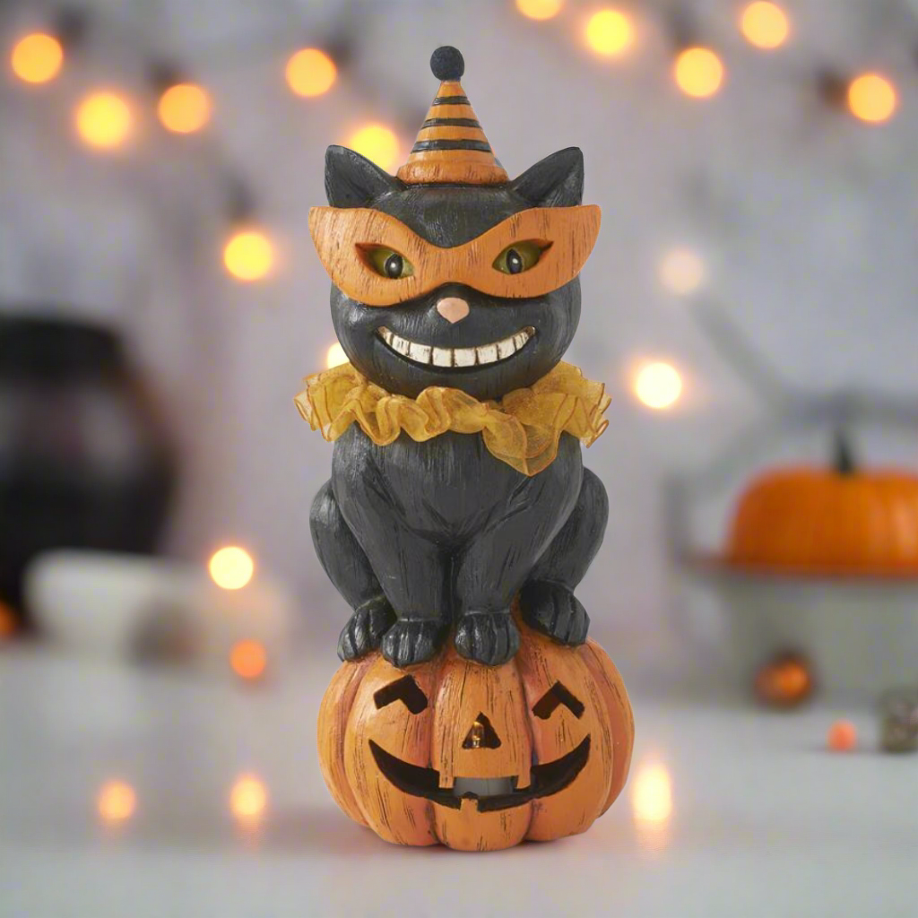 Halloween Folk Art Retro look 8&quot; Party Hat Black Cat On LED Pumpkin - The Primitive Pineapple Collection